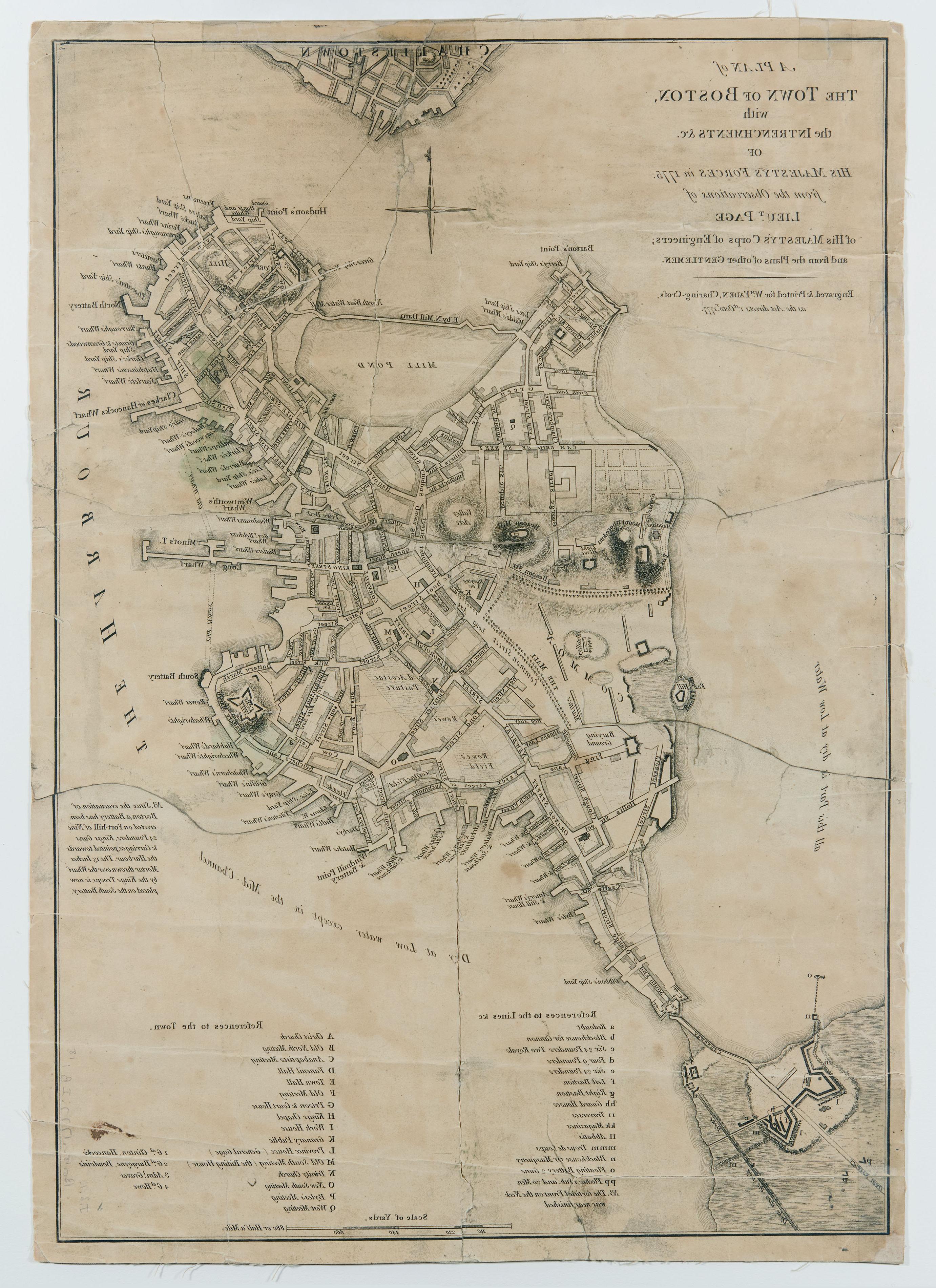 map of boston harbor depicted in black ink with streets and wharves labeled; around the harbor text reads "dry at low water"